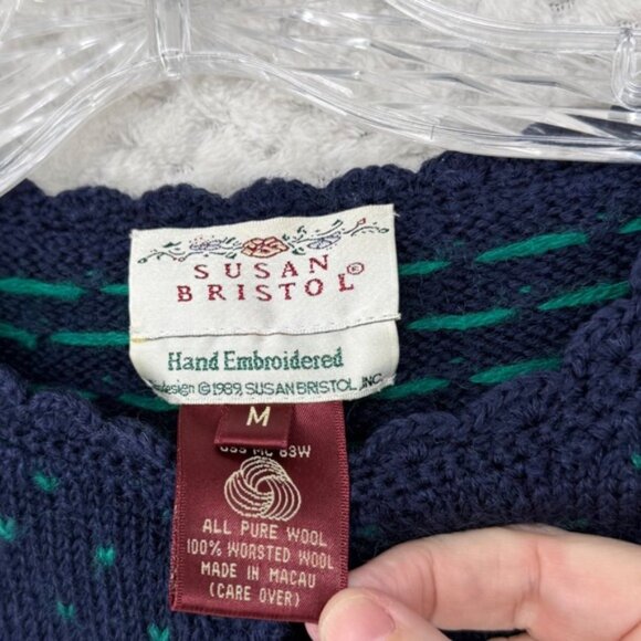 Susan Bristol Wool Knit Cardigan Sweater Worsted Hand Embroidered Floral 1989 M - Picture 3 of 7